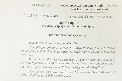 Bộ trưởng Bộ Công an ký Quyết định thăng cấp bậc hàm đối với chiến sỹ dũng cảm cứu 4 người đuối nước