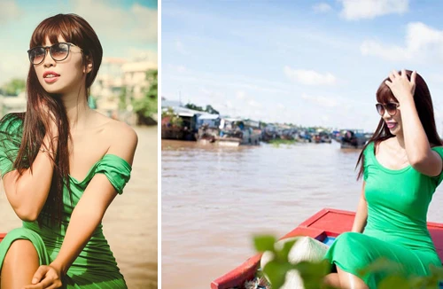 Siêu mẫu Hà Anh vai trần gợi cảm trên sông nước Cần Thơ