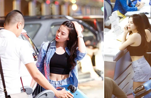 Trà Ngọc Hằng khoe vòng eo con kiến ở sân bay