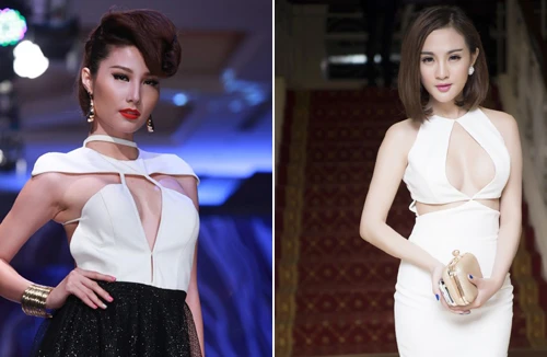 Diễm My 9x và hot girl Kelly diện váy xẻ ngực táo bạo đọ vòng 1 nóng bỏng