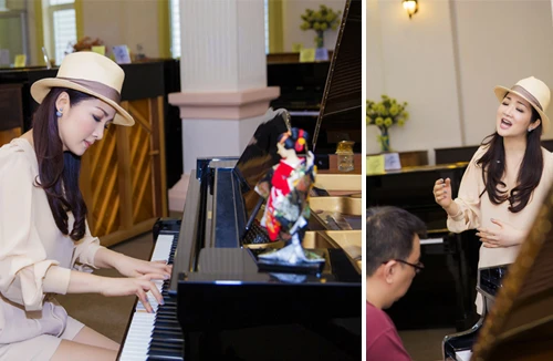 Hoa hậu Giáng My tập hát chuẩn bị cho đêm thơ nhạc