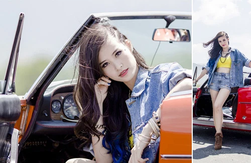 Đông Nhi khoe eo thon, chân dài bên xe mui trần