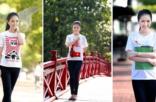 Hoa hậu Ngọc Anh tươi trẻ với áo in tranh cổ động