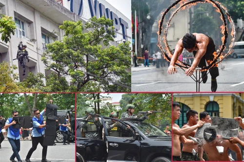 Cận cảnh cảnh sát đặc nhiệm hợp luyện đu dây, nhảy vòng lửa, trình diễn khí công thượng thừa bên hồ Gươm