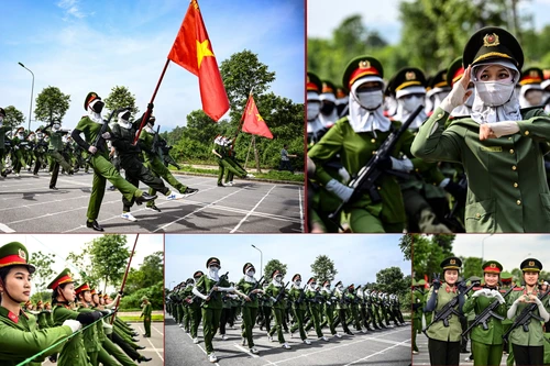 Ảnh: Nữ chiến sĩ Công an đội nắng nóng, hăng say tập luyện cho lễ diễu binh kỷ niệm 80 năm Quốc khánh