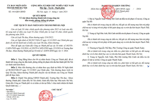 Bốn cá nhân thuộc CATP Hà Nội được Chủ tịch UBND TP tặng bằng khen