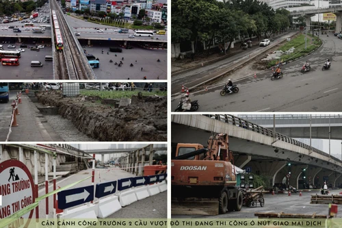 Cận cảnh công trường xây dựng 2 cầu dầm thép song song với cầu vượt Mai Dịch ở Hà Nội