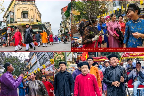 Ấn tượng hình ảnh áo dài truyền thống mang màu Tết xưa ở chợ hoa phố cổ Hà Nội 