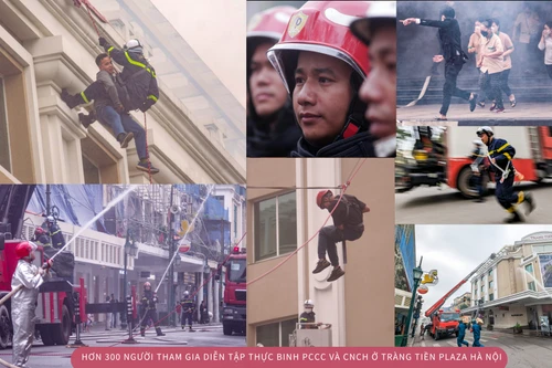 Xem cảnh sát PCCC đu dây cứu người trong buổi diễn tập ở trung tâm thương mại sát hồ Gươm 