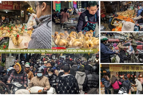 Xếp hàng chờ mua gà ngậm hoa hồng tại "chợ nhà giàu" ở Hà Nội sáng 30 Tết