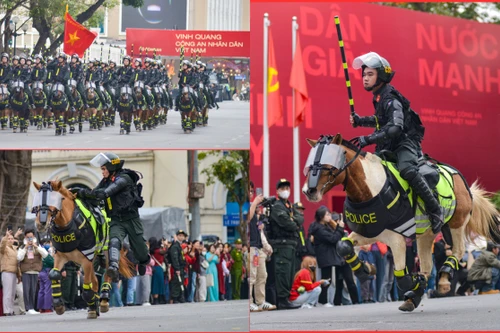 Xem Cảnh sát cơ động kỵ binh tổng duyệt thao diễn các tuyệt kỹ để trình diễn ở Hà Nội vào chiều 8-3