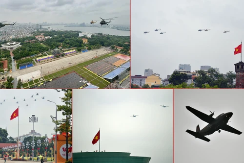Ấn tượng ảnh trực thăng Mi-17 và máy bay vận tải Casa bay hợp luyện diễu binh ở Hà Nội