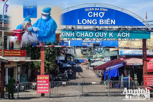 [ẢNH] Phong tỏa toàn bộ chợ đầu mối Long Biên, trăm tiểu thương đội nắng chờ xét nghiệm Covid-19