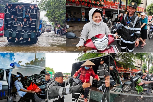 Hình ảnh ấm tình quân dân của Cảnh sát cơ động CATP Hà Nội ứng trực giúp dân ở điểm ngập sâu