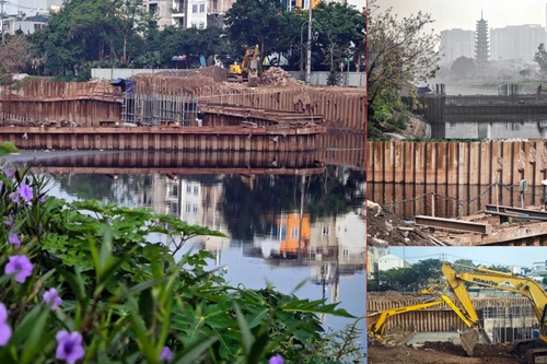 Hình ảnh mới nhất về đập dâng đầu tiên được xây trên sông Tô Lịch