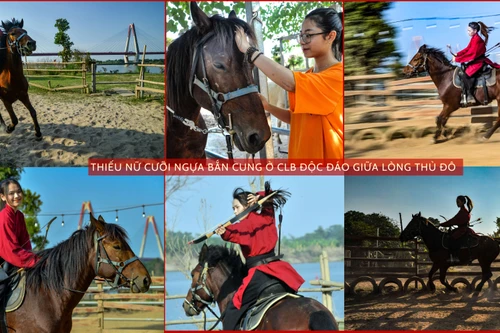 Ấn tượng hình ảnh thiếu nữ mặc cổ phục, cưỡi ngựa bắn cung bên sông Hồng