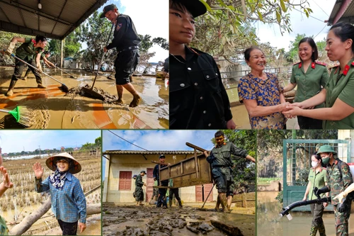 Ấm lòng hình ảnh Công an Thủ đô tất tả dọn bùn giúp dân ven sông xã Trung Giã sau lũ lớn