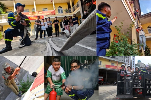 Người dân ngoài đê sông Hồng trải nghiệm, thực hành chữa cháy và cứu nạn cứu hộ