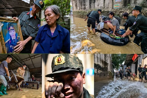 Hình ảnh xúc động khi hàng trăm cán bộ, chiến sỹ Công an Thủ đô dọn dẹp sau ngập lụt giúp người dân xã Trung Giã