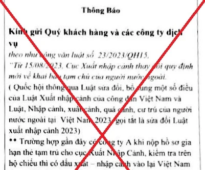 Thông tin xử phạt người nước ngoài xuất cảnh khỏi Việt Nam không làm thủ tục khai báo tạm vắng là sai sự thật