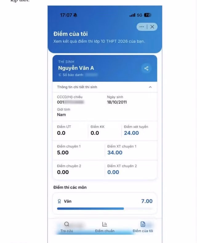 Minh họa điểm thi lớp 10 của thí sinh hiển thị trên ứng dụng iHanoiẢNH: SỞ GD-ĐT HÀ NỘI