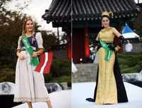 Hoàng Thu Thảo diện áo dài cách điệu, nổi bật giữa dàn trang phục dân tộc thế giới