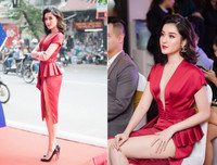 Diện váy xẻ cao ngút Huyền My cẩn thận che chắn tránh sự cố