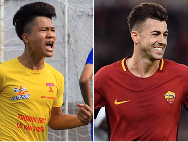 Không biết tiền đạo của trường THPT Lê Văn Thiêm này có thích ngôi sao người Italia - El Shaarawy hay không, mà từ khoảnh khắc ăn mừng bàn thắng đến kiểu tóc của cả hai đều rất giống nhau.