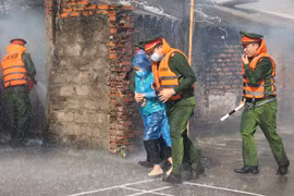 Nhiều lực lượng tham gia diễn tập ứng phó thiên tai bên bờ sông Hồng