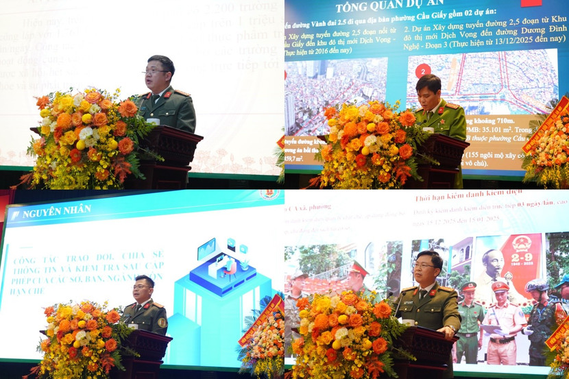 Đại diện các phòng chức năng và Công an cấp xã tham luận tại Hội nghị.