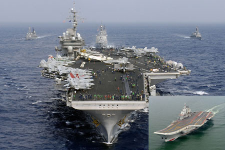 Tàu sân bay Liêu Ninh (ảnh nhỏ, góc phải) còn thua xa tàu sân bay Mỹ trên nhiều mặt.