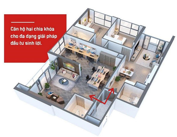 Thiết kế phối cảnh 3D mặt bằng căn hộ Dual key tại Vinhomes West Point Thiết kế phối cảnh 3D mặt bằng căn hộ Dual key tại Vinhomes West Point