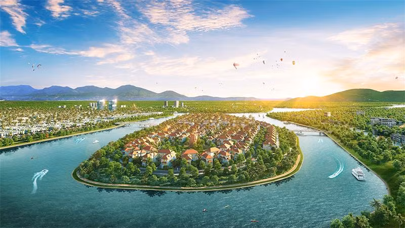 Sunneva Island tọa lạc trên đảo biệt lập, với 4 mặt giáp sông. Ảnh phối cảnh minh họa