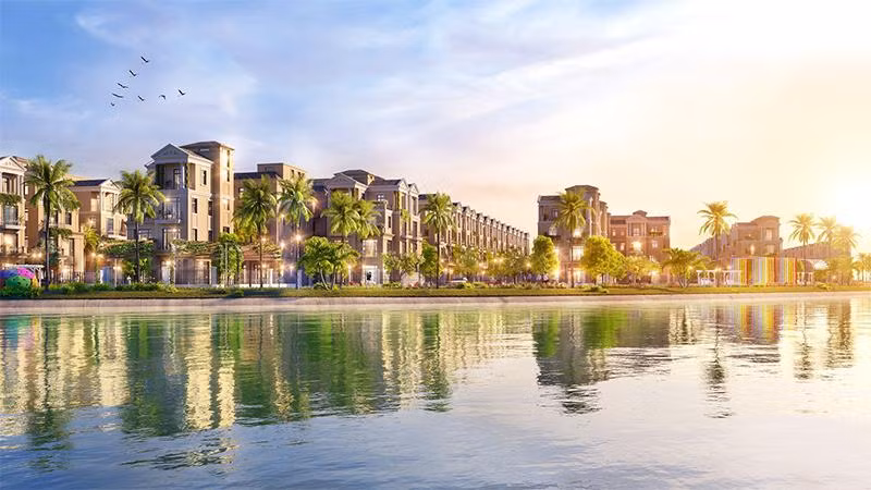 Các tòa biệt thự được ôm trọn trong lòng sông sinh thái rộng tới 80m ở phân khu Đảo Dừa sẽ trở thành điểm hẹn quần cư của giới nhà giàu tại phía Đông Hà Nội