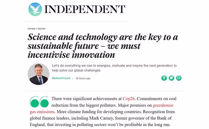 Bài báo của Giáo sư Sir Richard Friend, FRS – Chủ tịch Hội đồng Giải thưởng VinFuture trên tờ The Independent