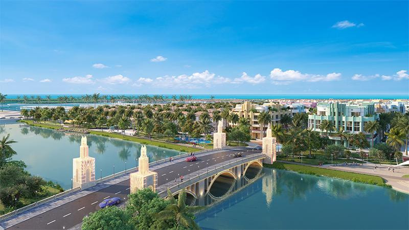 Sun Riverside Village nằm tại vị trí kế sông kề biển hiếm hoi tại Sầm Sơn. Ảnh phối cảnh minh họa