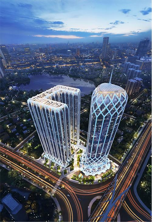 Diamond Crown Hai Phong là một trong những tòa tháp đôi đầu tiên tại châu Á sử dụng thiết kế mắt võng Diagrid kết hợp với những khối pha lê (Ảnh: DOJILAND).
