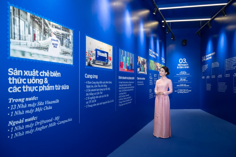 Không chỉ là nơi trưng bày sản phẩm, Vinamilk còn lồng ghép các thông tin về hành trình phát triển của doanh nghiệp – từ những ngày đầu thành lập đến vị thế là Thương hiệu Quốc gia hiện nay, đồng hành sự phát triển của đất nước. Khách tham quan tìm hiểu hành trình phát triển của thương hiệu sữa top 1 Việt Nam. (Ảnh: Vi Nam)