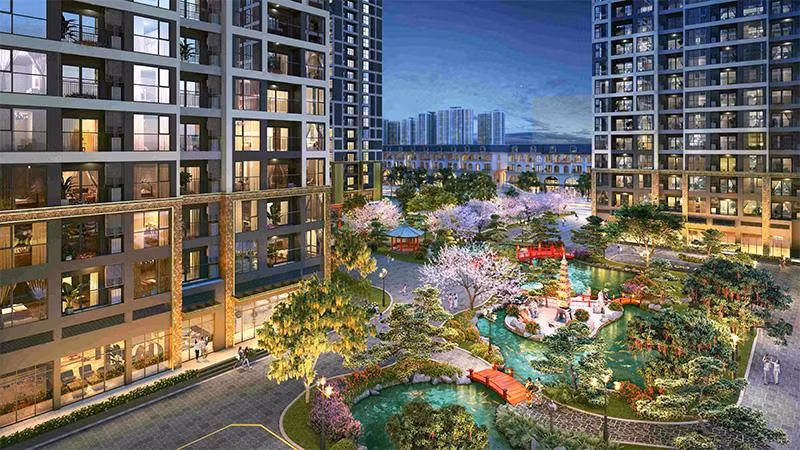 Thiết kế nội khu được lấy cảm hứng từ xứ sở Phù Tang với hồ cá Koi, Đồi tùng La Hán, Cổng Torii, Cầu gỗ đỏ, … tạo nên sự cân bằng hoàn hảo giữa các yếu tố thiên nhiên và con người.
