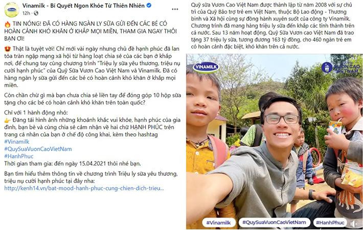Chiến dịch vẫn tiếp tục đến 15/4/2021, với mỗi chia sẻ được đăng tải, bạn sẽ cùng Vinamilk gửi 10 hộp sữa đến các em nhỏ kém may mắn. Chiến dịch vẫn tiếp tục đến 15/4/2021, với mỗi chia sẻ được đăng tải, bạn sẽ cùng Vinamilk gửi 10 hộp sữa đến các em nhỏ kém may mắn.