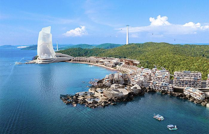 Phối cảnh toà nhà Cánh Buồm nổi bật trong tổ hợp nghỉ dưỡng, giải trí, đầu tư Hon Thom Paradise Island