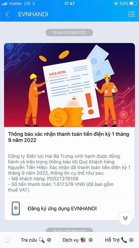 Thông báo xác nhận thanh toán tiền điện qua Zalo OA EVNHANOI Thông báo xác nhận thanh toán tiền điện qua Zalo OA EVNHANOI