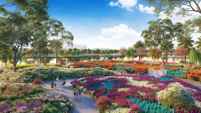 Không gian cây xanh mặt nước toàn dự án lên đến 200ha. Ảnh phối cảnh minh họa Sun Property