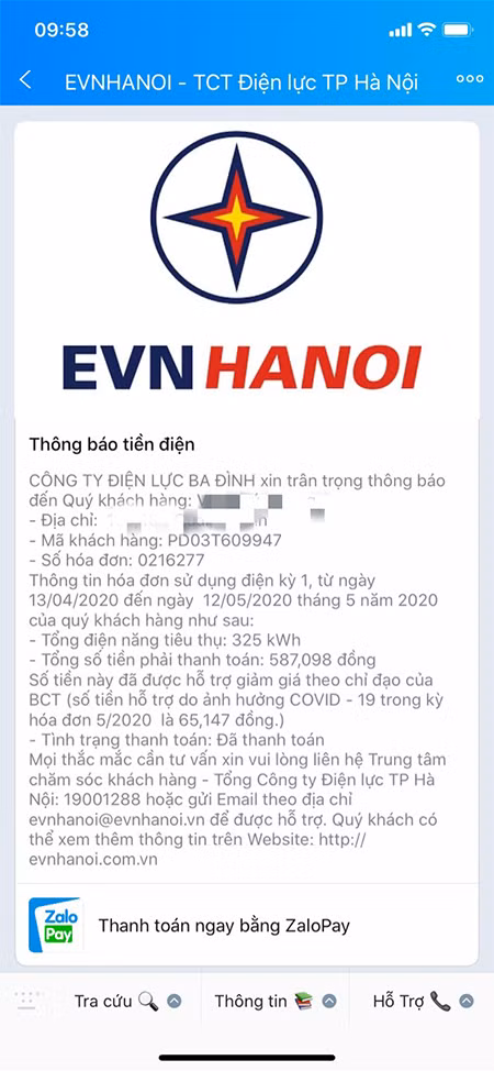 Giao diện nút thanh toán trên Zalo OA EVNHANOI