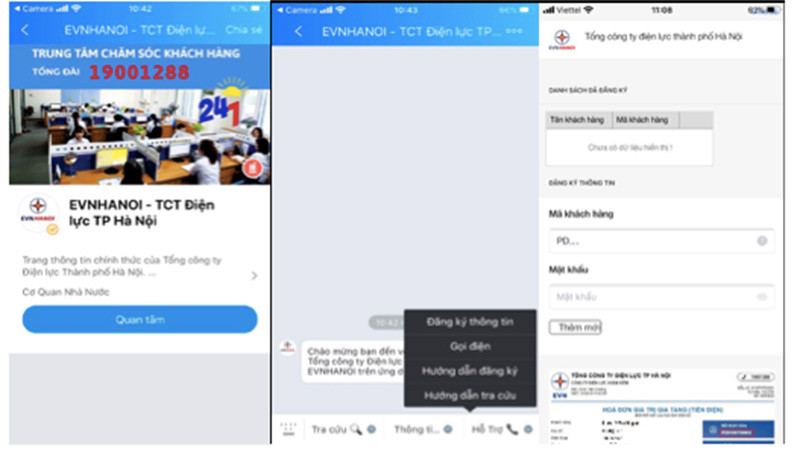 Minh họa các bước cài đặt trang EVNHANOI trên Zalo