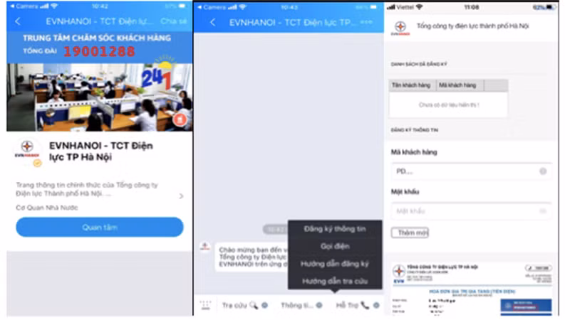 Minh họa các bước cài đặt trang EVNHANOI trên Zalo