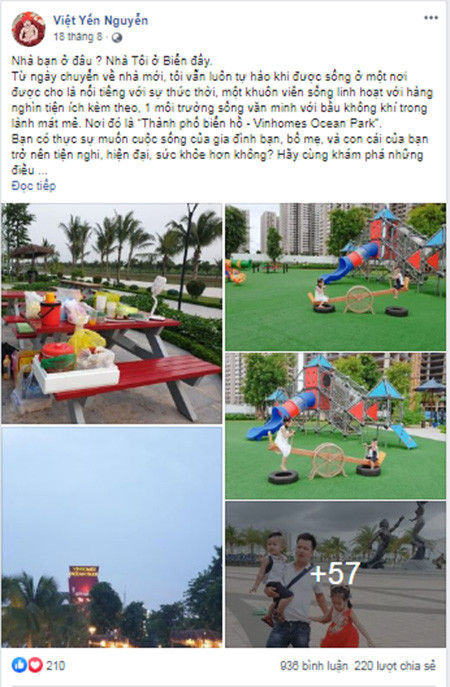 Chị Việt Yến Nguyễn chia sẻ, bên cạnh không gian biển hồ độc đáo nơi gia đình gắn kết yêu thương, khuôn viên rộng, sạch đẹp, đủ tiện ích cùng hệ thống an ninh tại Vinhomes Ocean Park thỏa mãn đầy đủ tiêu chí của chị về một chốn an cư lý tưởng. Chị Việt Yến Nguyễn chia sẻ, bên cạnh không gian biển hồ độc đáo nơi gia đình gắn kết yêu thương, khuôn viên rộng, sạch đẹp, đủ tiện ích cùng hệ thống an ninh tại Vinhomes Ocean Park thỏa mãn đầy đủ tiêu chí của chị về một chốn an cư lý tưởng.