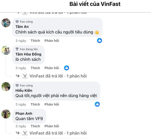 Hàng loạt bình luận trên fanpage của VinFast cho thấy sự quan tâm và hài lòng của người dùng với chính sách mới của hãng xe Việt Hàng loạt bình luận trên fanpage của VinFast cho thấy sự quan tâm và hài lòng của người dùng với chính sách mới của hãng xe Việt