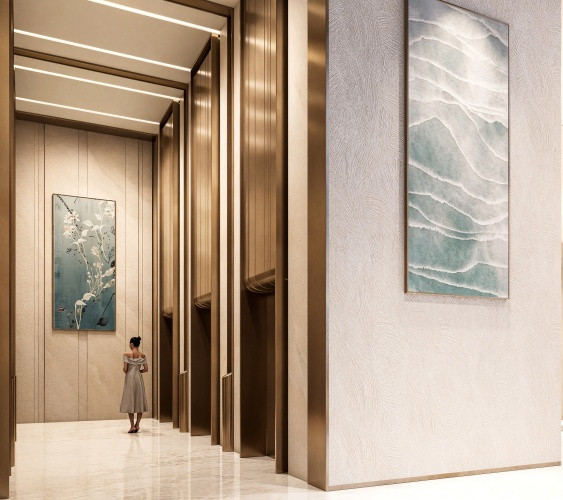 Hành lang rộng, đón ánh sáng và thông gió tự nhiên, kết hợp thang máy phân tầng thông minh. (Ảnh: Sun Property)