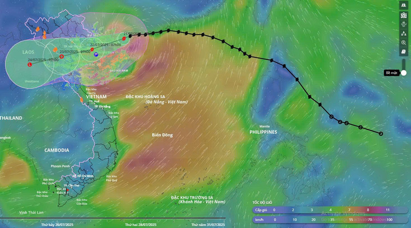 Hình ảnh dự báo đường đi và vùng chịu ảnh hưởng của bão số 3. Ảnh: Hệ thống giám sát thiên tai Việt Nam
